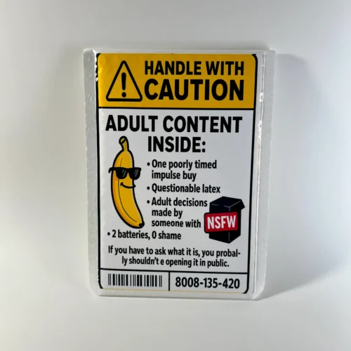 adult content inside prank mail package novelty gag gift warning label funny prank mail from theoneandonly.ca