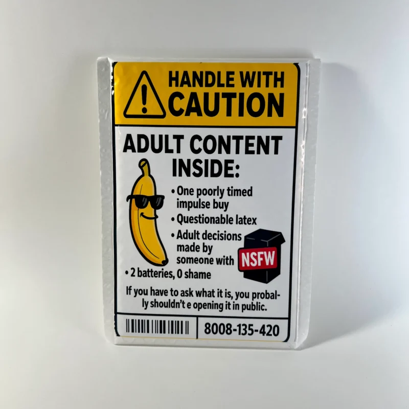 adult content inside prank mail package novelty gag gift warning label funny prank mail from theoneandonly.ca