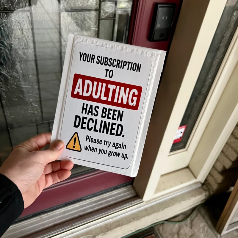 adulting has been declined prank mail label funny gag package delivered to doorstep canada usa prank gift