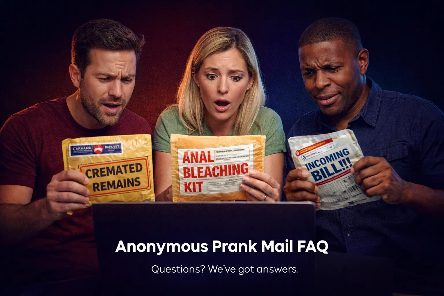 People reacting with surprise and laughter after receiving anonymous prank mail packages with ridiculous fake product labels