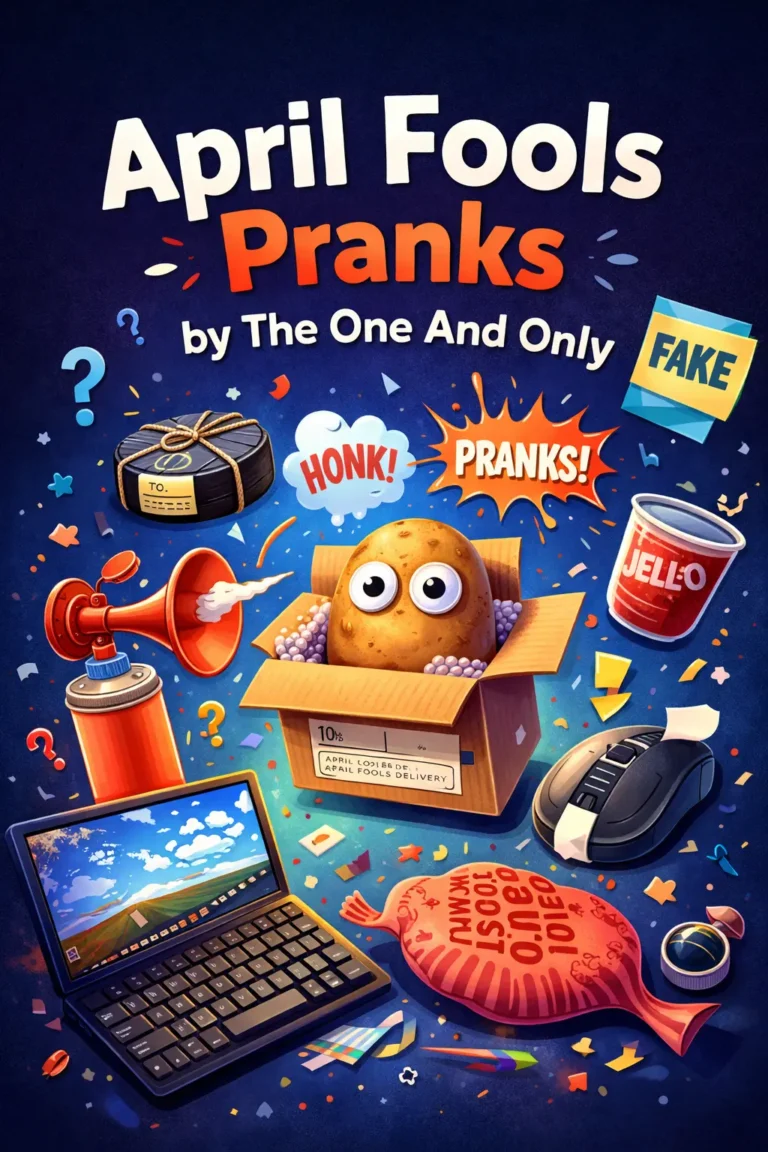 Colorful illustration of April Fools prank ideas including an air horn, jello prank, laptop prank, and a hockey puck prank delivery box.