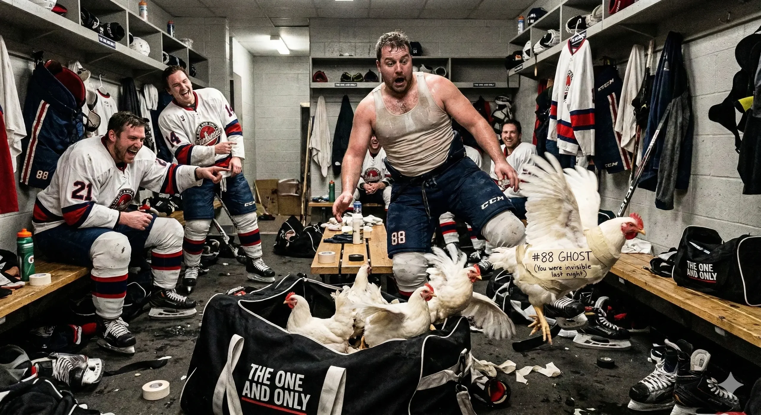 Beer league hockey locker room prank with chickens jumping out of a hockey bag while teammates laugh