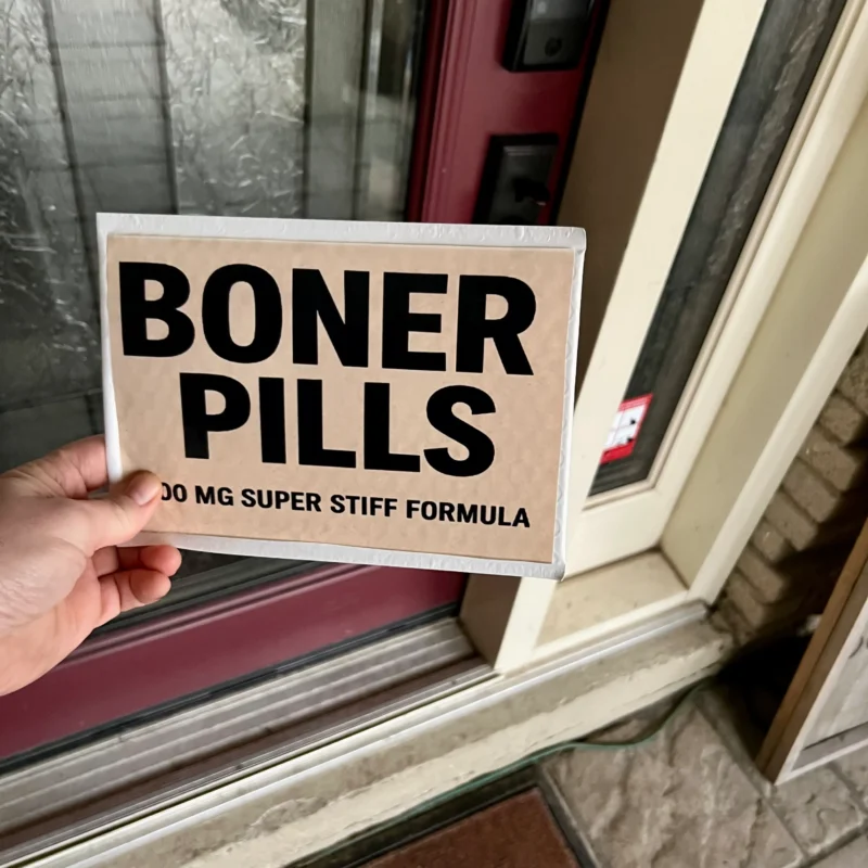 boner pills prank mail label funny gag package delivered to doorstep canada usa prank gift joke delivery
