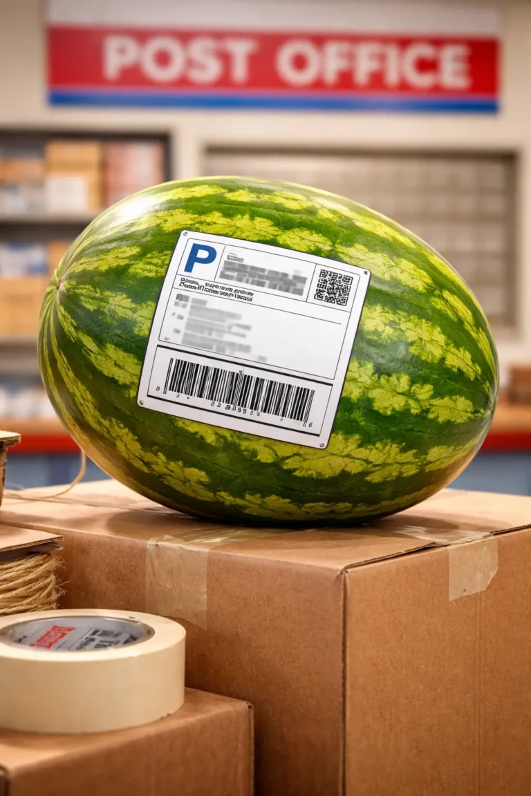 Watermelon with shipping label sitting on boxes at a post office representing the question can you mail a watermelon