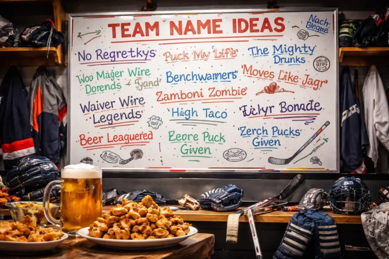 Funny hockey team name ideas written on a locker room whiteboard with beer league hockey gear, beer, and snacks in the foreground