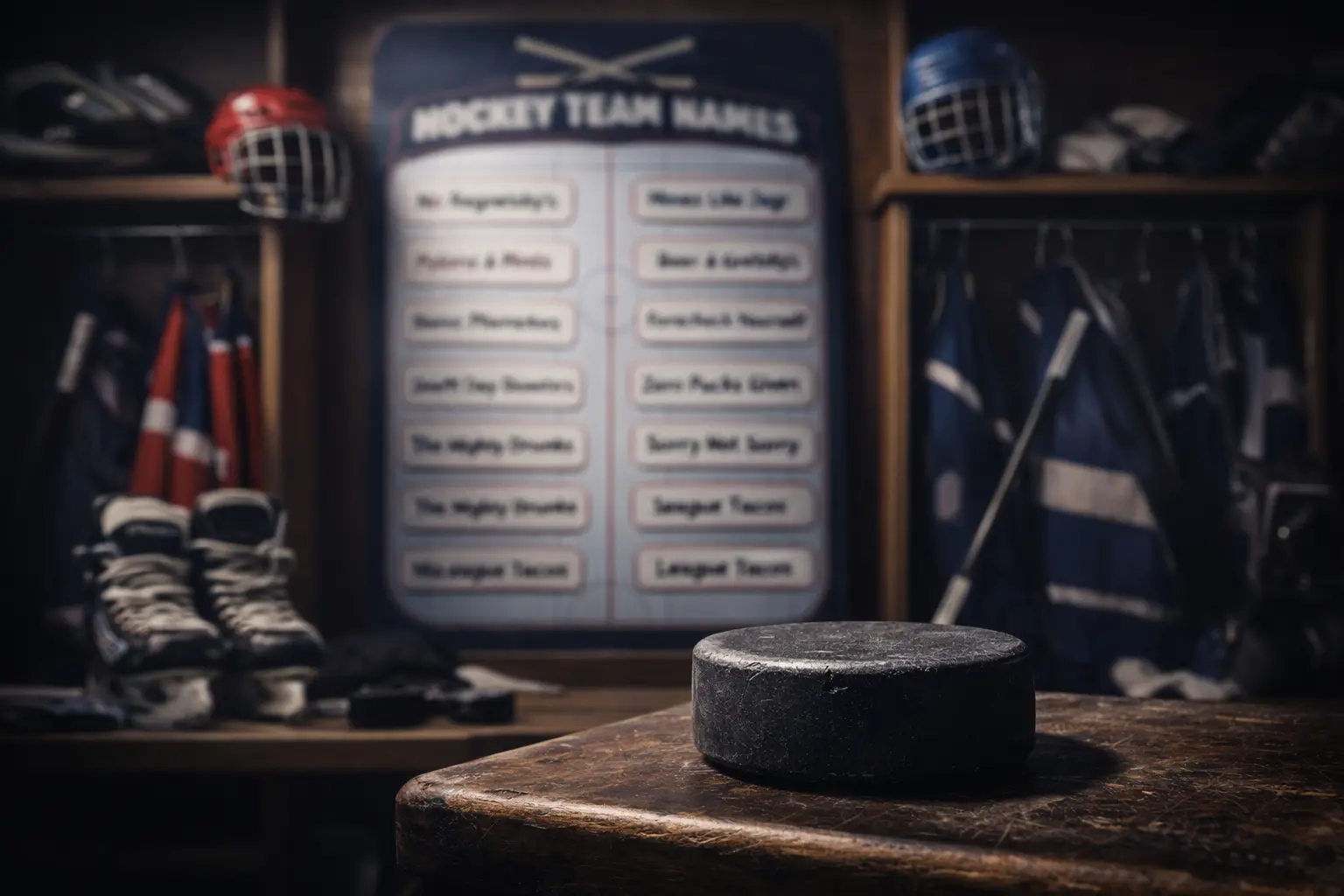 Funny hockey team names board inside a beer league locker room with a hockey puck on a wooden bench in the foreground