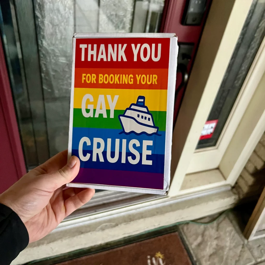 gay cruise booking prank mail label funny gag package delivered canada usa prank gift joke delivery