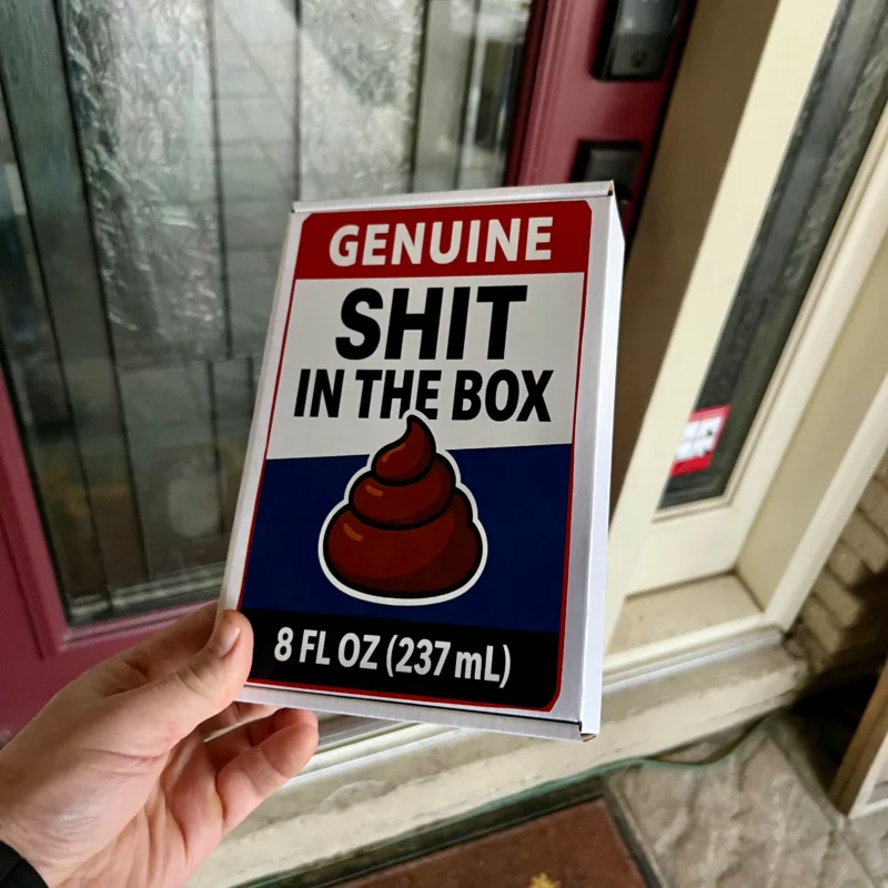shit in the box prank mail label funny gag package delivered to doorstep canada usa prank gift joke delivery