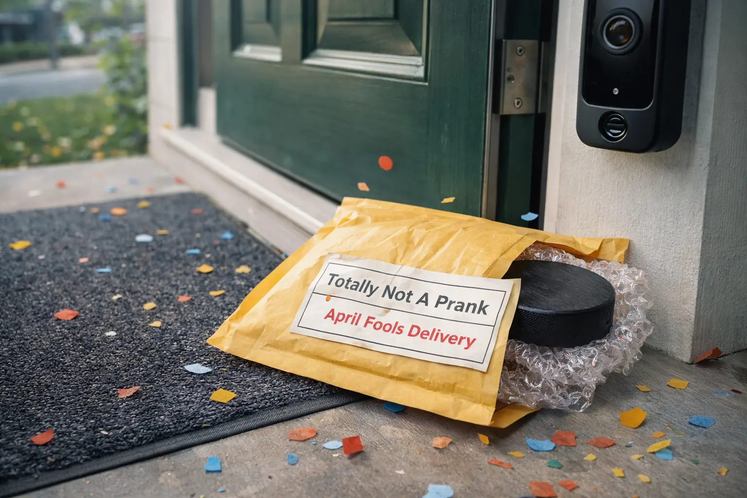 Bubble mailer with a hockey puck prank delivery sitting on a doorstep labeled Totally Not A Prank April Fools Delivery.
