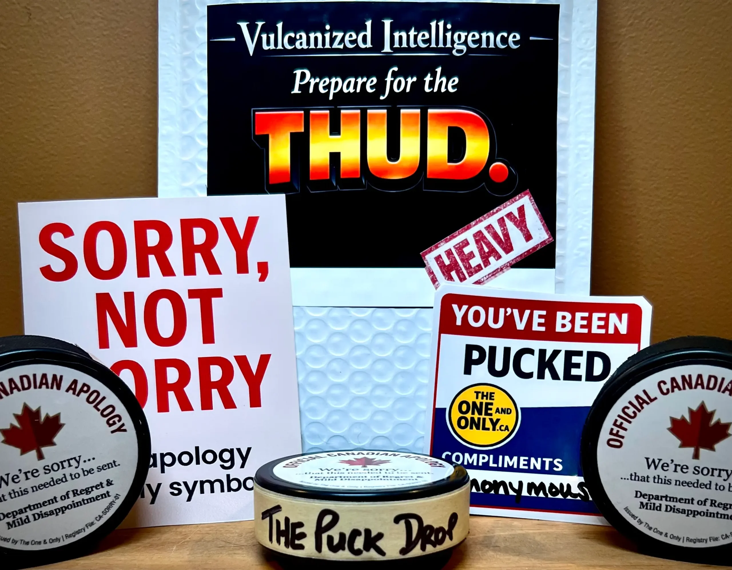 Hockey puck prank kit with apology pucks, prank cards, and bubble mailer ready for anonymous delivery