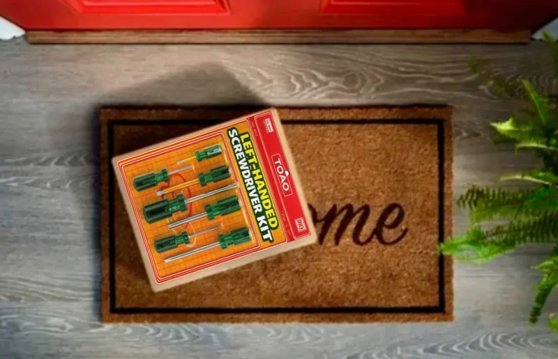 left handed screwdriver prank mail package delivered at door doormat gag gift canada usa
