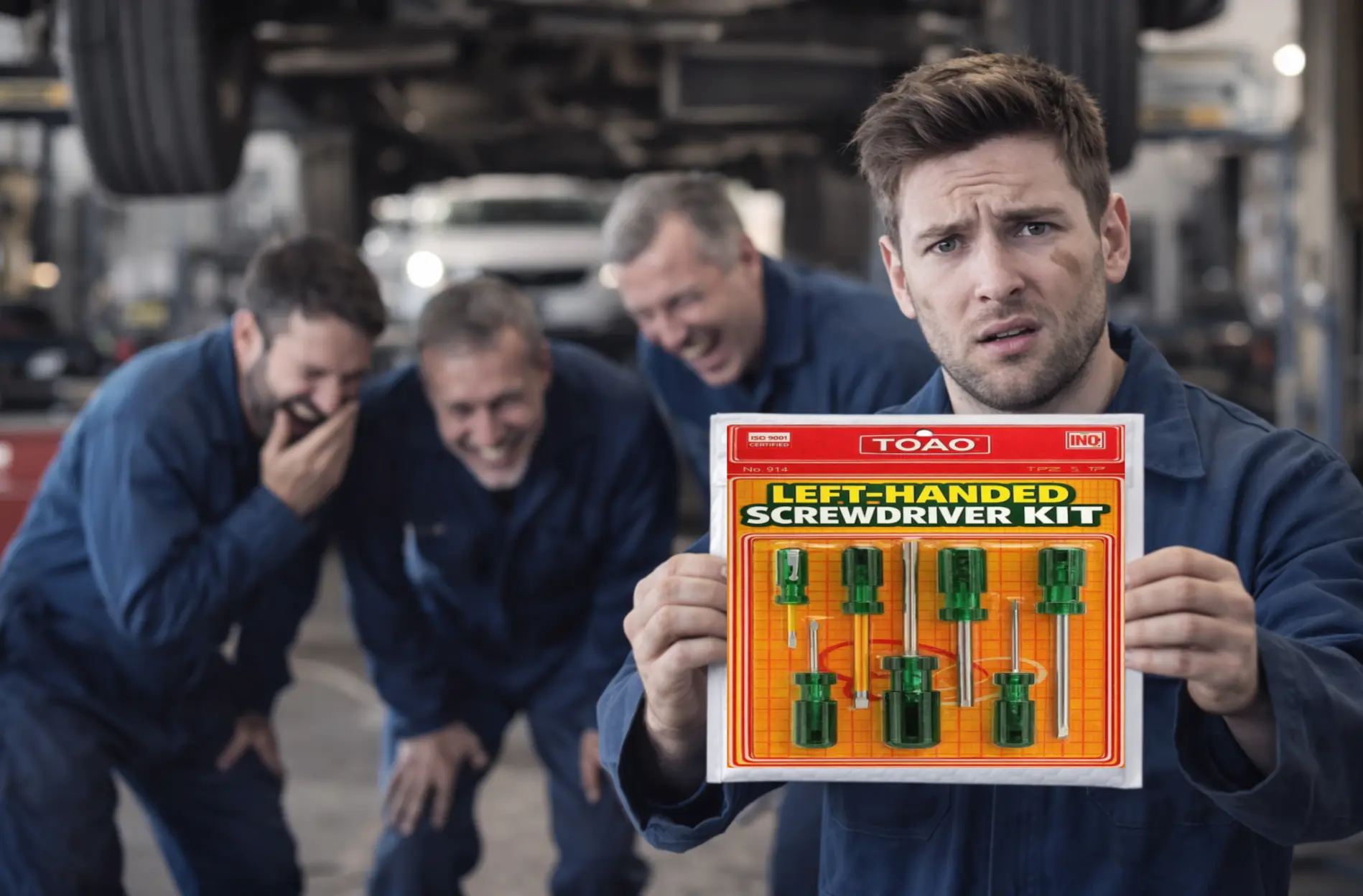 Left-Handed Screwdriver prank — guy holding screwdriver and mailer