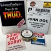The Puck Drop prank mail full kit including hockey puck apology message, bubble mailer, and prank stickers