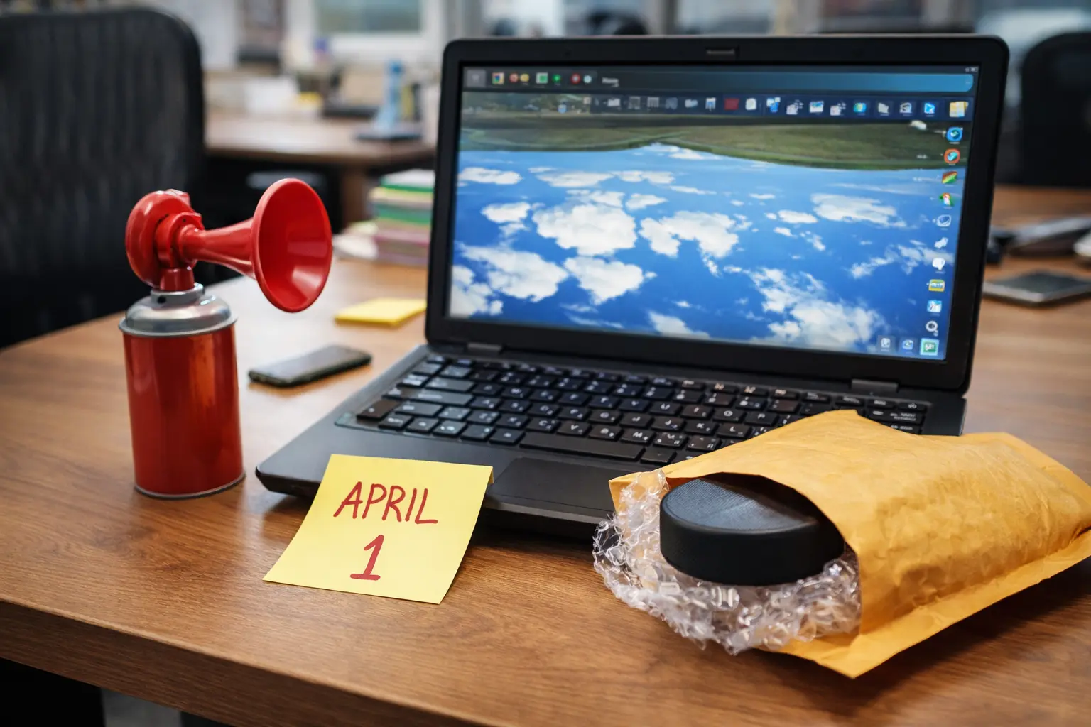 Office desk setup with laptop, air horn, sticky note labeled April 1, and prank mail envelope containing a hockey puck.