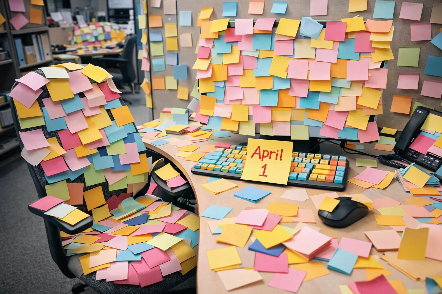 Office cubicle covered in colorful sticky notes with an April 1 note on the desk as a harmless workplace prank.