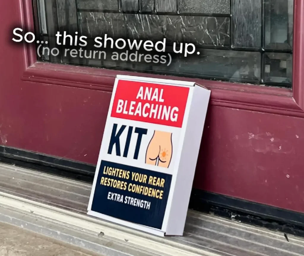 Anonymous prank mail package with no return address left at a front door