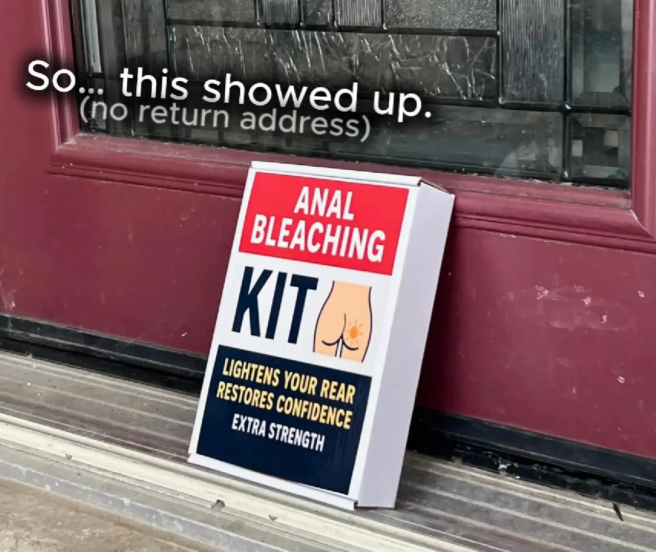 Prank mail package delivered on a doorstep with no return address