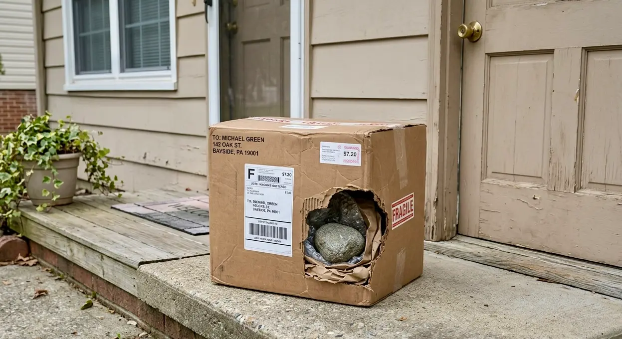 Rock shipped in cardboard box as a weird mail example