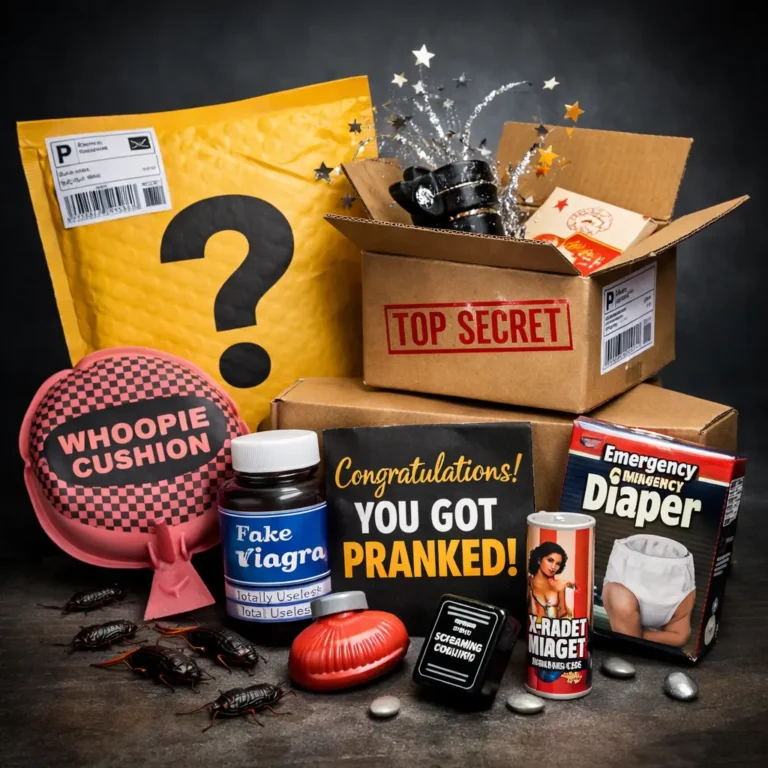 Anonymous prank package with surprise items spilling out of a box and bubble mailer