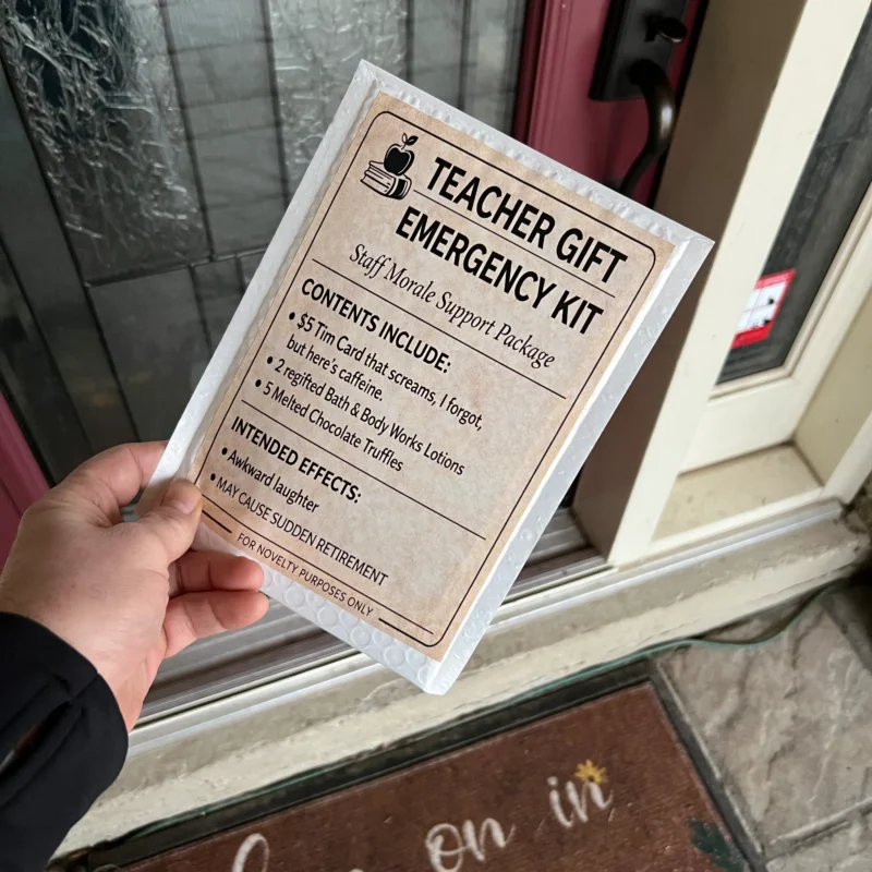 teacher gift emergency kit prank mail label funny gag gift delivered to doorstep canada usa prank package