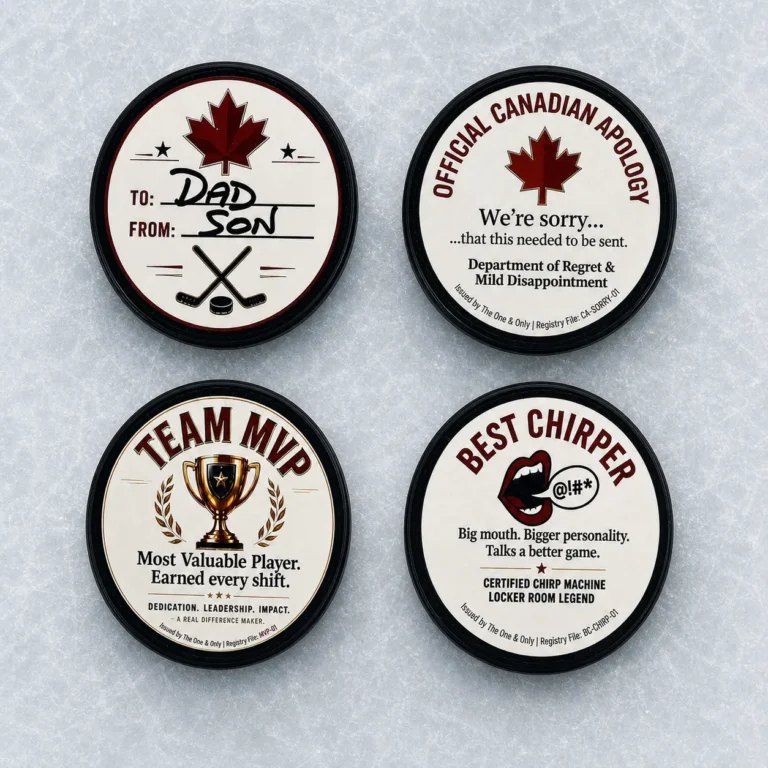 Four custom hockey puck designs on ice: To and From, Official Canadian Apology, Team MVP, and Best Chirper.