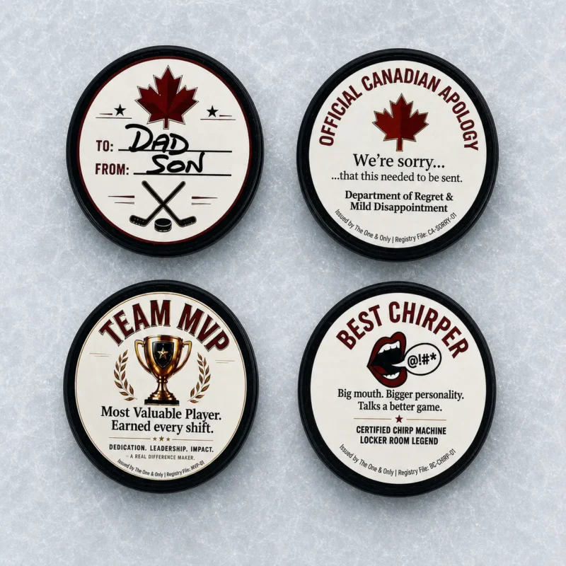 Four custom hockey puck designs on ice: To and From, Official Canadian Apology, Team MVP, and Best Chirper.