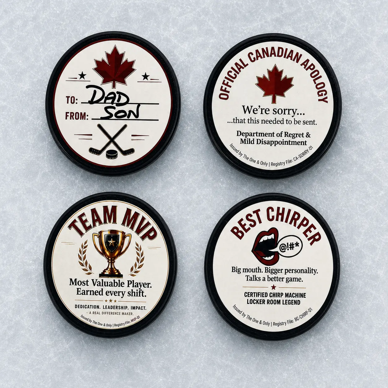 Four customizable Puck Drop hockey puck designs for sports prank gifts