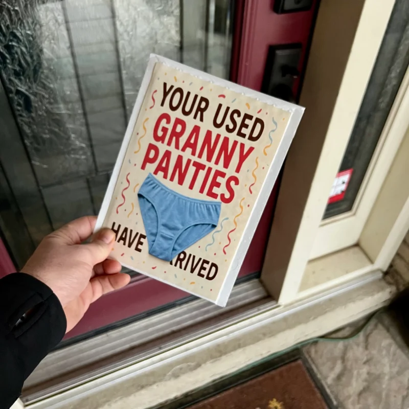 used granny panties prank mail label funny gag gift delivered package canada usa prank delivery joke