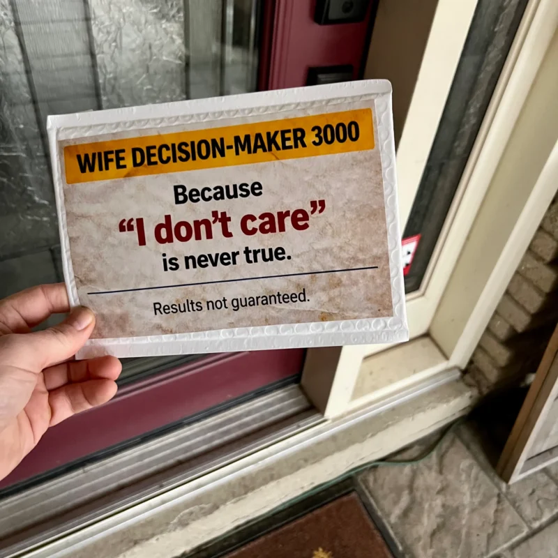 wife decision maker 3000 prank mail label funny gag package delivered to doorstep canada usa relationship joke gift