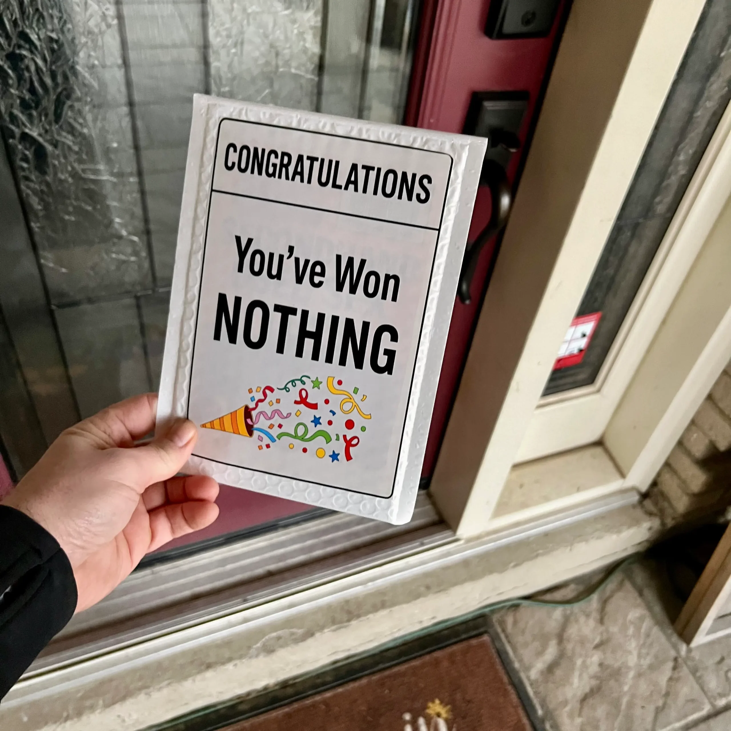 youve won nothing prank mail label funny gag gift delivered to doorstep canada usa prank package