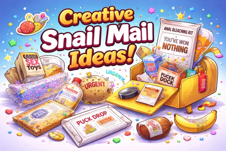 Colourful creative snail mail ideas illustration featuring prank mail packages funny gifts and unusual things to send in the mail