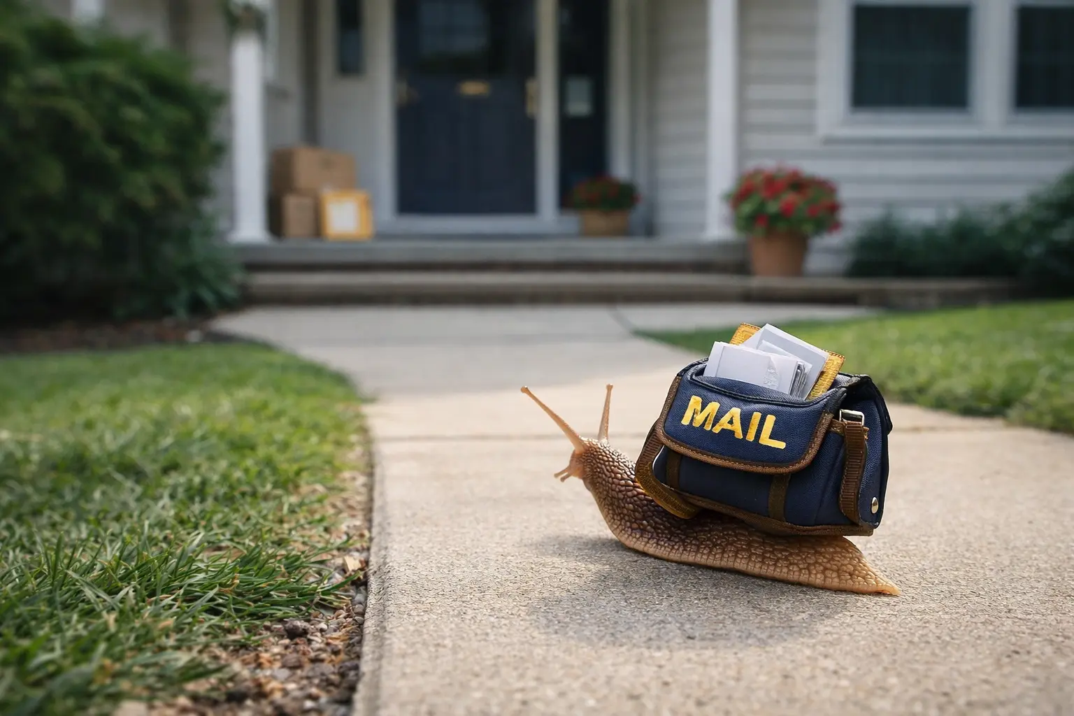 Realistic snail carrying a mail bag walking toward a suburban house representing creative snail mail ideas and physical mail delivery
