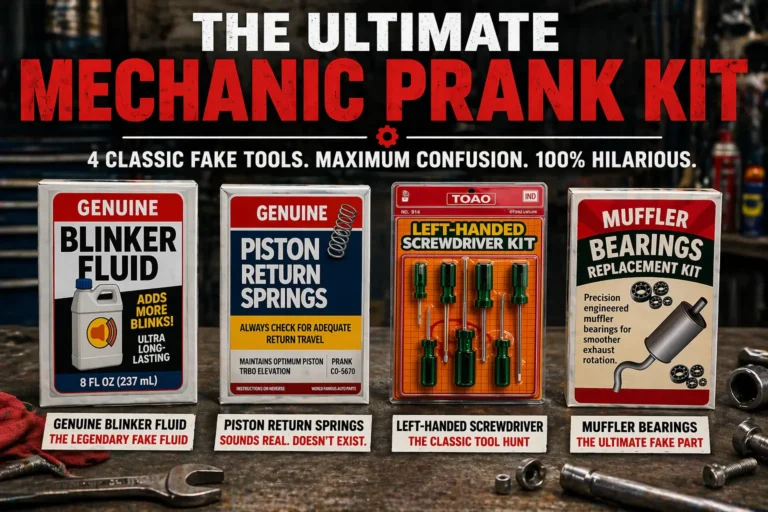 Ultimate mechanic prank kit featuring blinker fluid, piston return springs, left handed screwdriver, and muffler bearings fake tool gag gifts