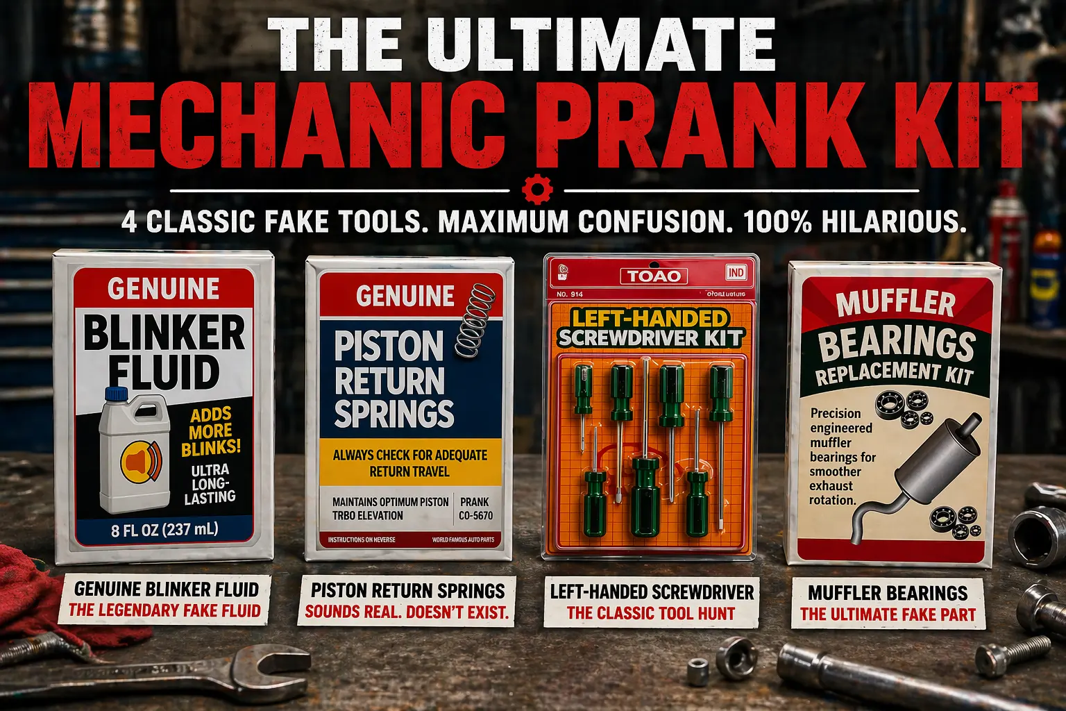 Ultimate mechanic prank kit featuring blinker fluid, piston return springs, left handed screwdriver and muffler bearings fake tools