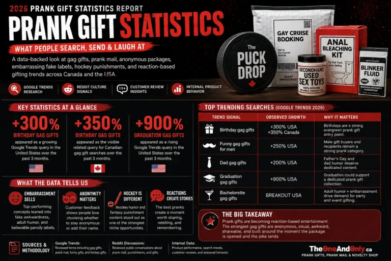 2026 Prank Gift Statistics Report infographic showing prank mail trends, hockey-themed gag gifts, anonymous packages, and reaction-based gifting data across Canada and the USA. Includes Google Trends growth stats, prank product examples, and key market insights from TheOneAndOnly.ca.