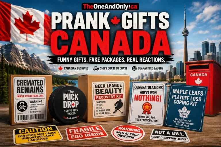 Funny Canadian prank gifts collage featuring prank mail labels, stickers, hockey puck prank package, and gag gifts delivered coast to coast