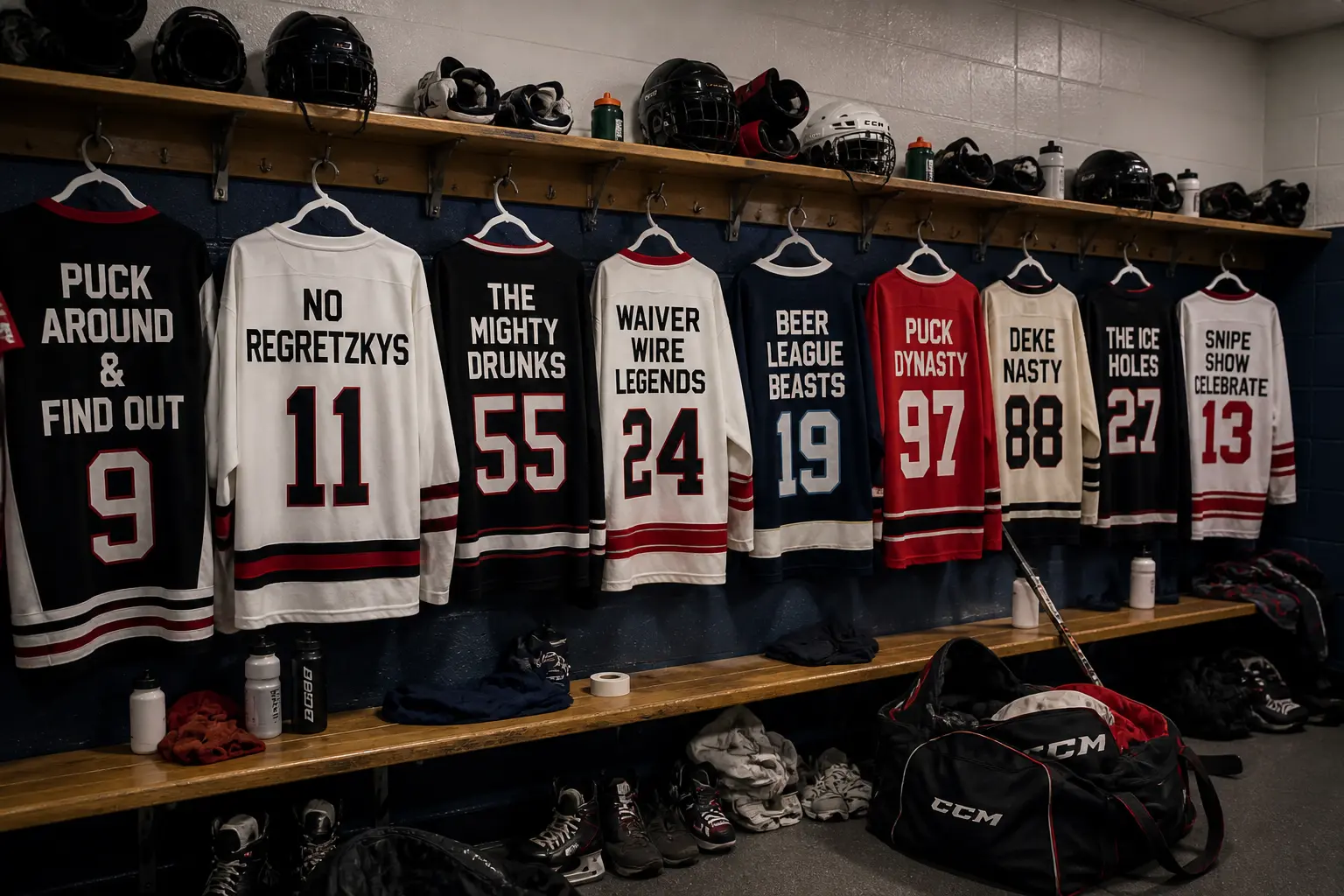 Hockey locker room with jerseys showing funny hockey team names like No Regretzkys, The Mighty Drunks, and Puck Around and Find Out