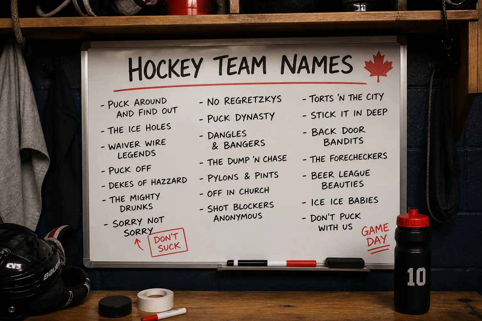 Funny hockey team names written on a locker room whiteboard with beer league gear and hockey equipment