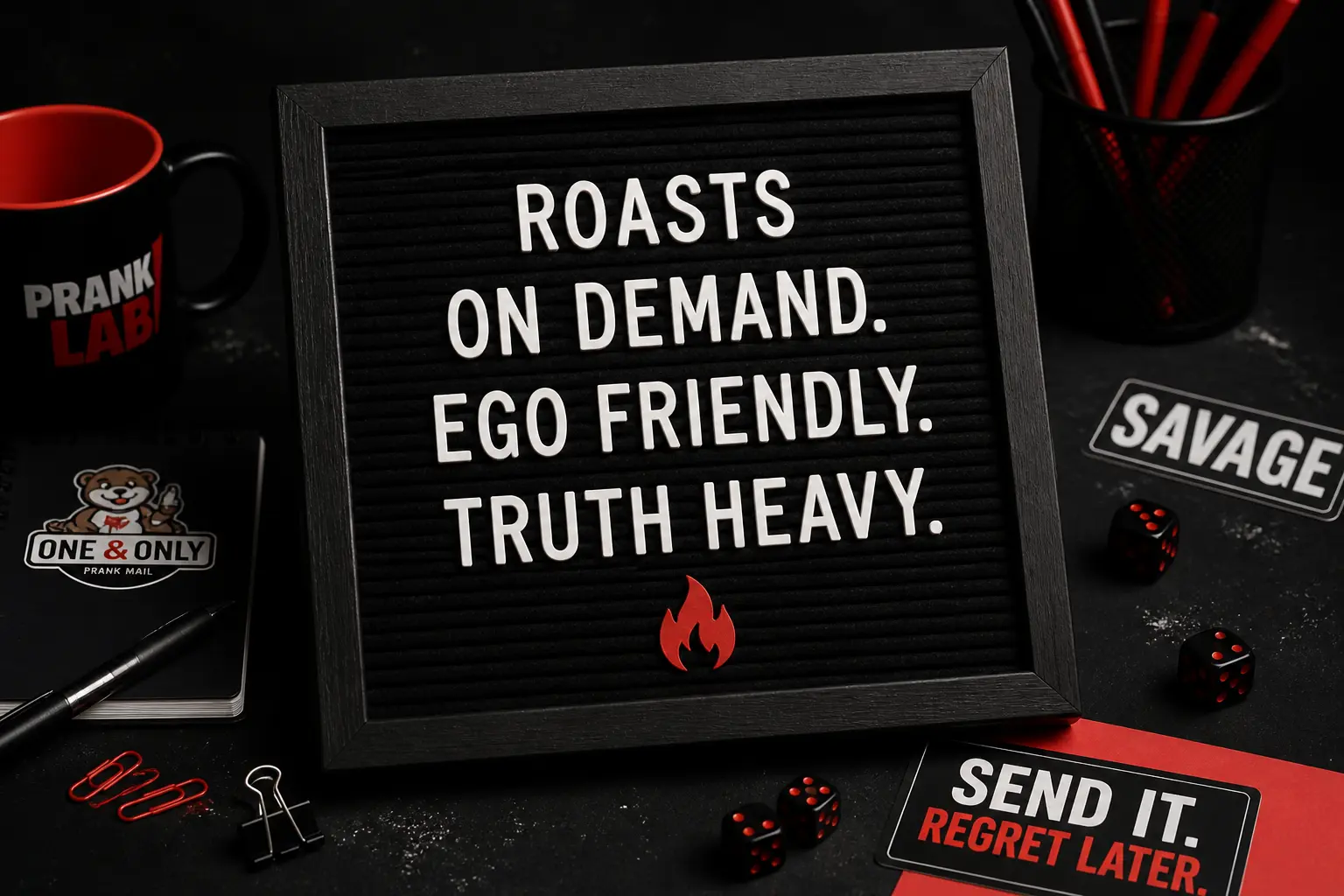 Funny roast generator prank lab image with roasts on demand letter board and dark red comedy theme