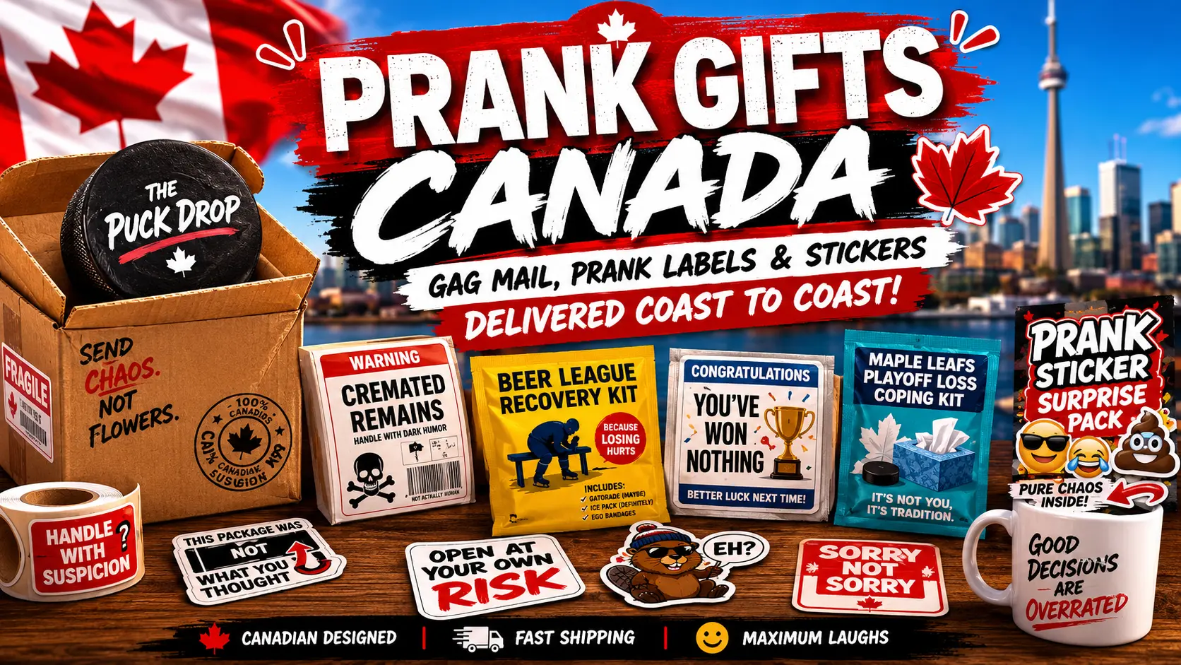 Anonymous prank mail Canada with funny gag packages, prank labels, and Canadian prank gifts