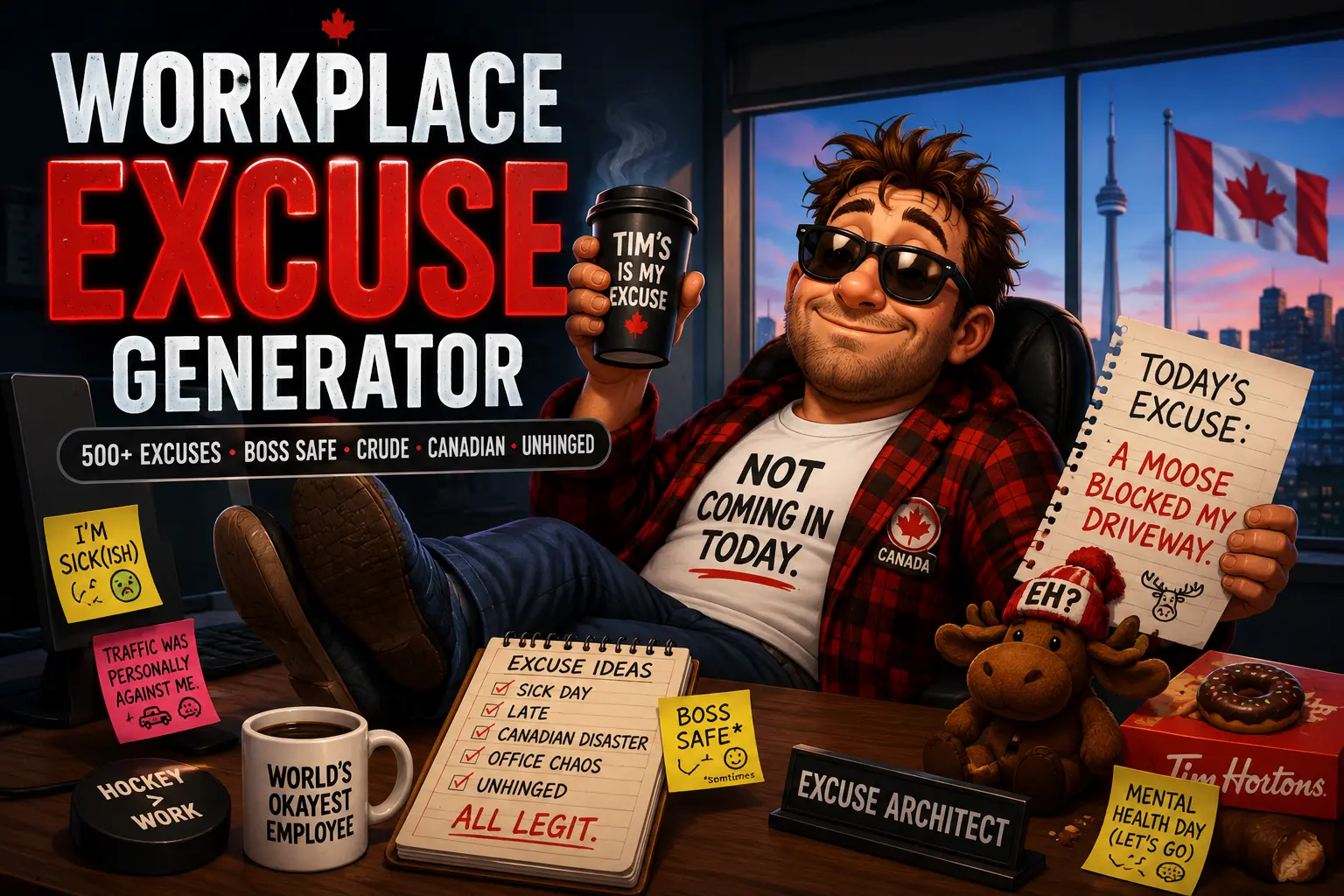 Funny workplace excuse generator with Canadian office chaos