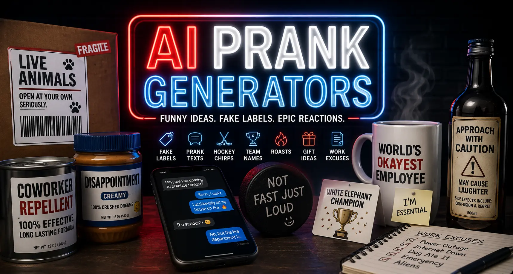 AI prank generators featuring fake product labels, prank texts, hockey chirps, team names, roast generators, workplace excuses, and funny gift ideas.