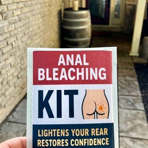 Anal Bleaching Kit prank package being delivered to a front doorstep in a bubble mailer.