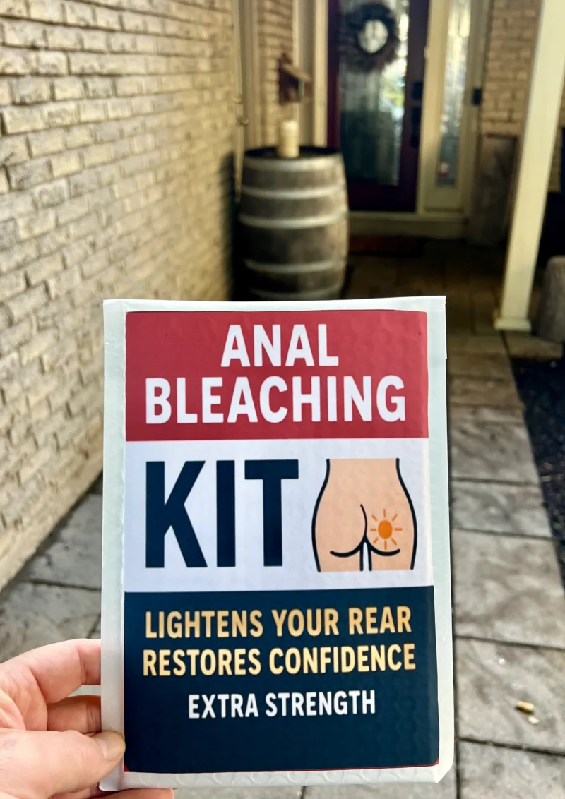 Anal Bleaching Kit prank package being delivered to a front doorstep in a bubble mailer.