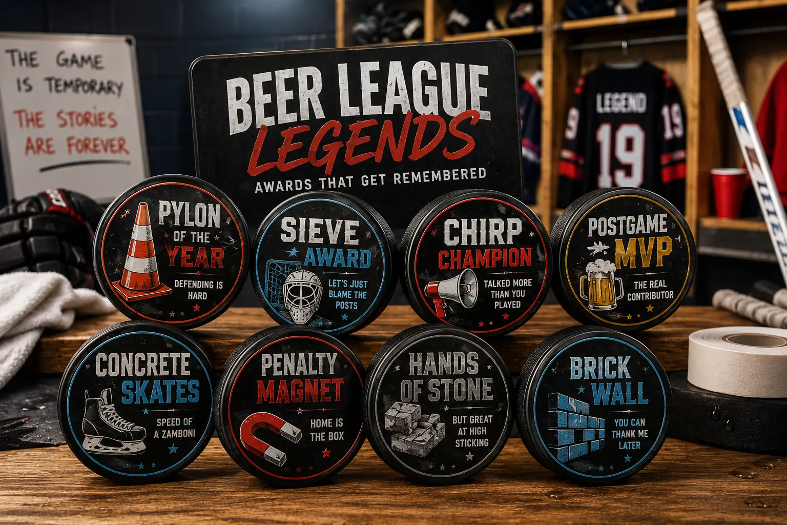 Beer league hockey award pucks displayed in a locker room as custom puck trophies.
