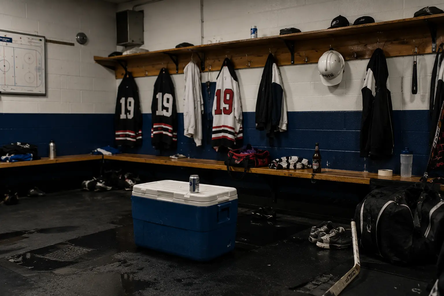 Beer league hockey locker room with jerseys, cooler, hockey bags, sticks and postgame dressing room culture.