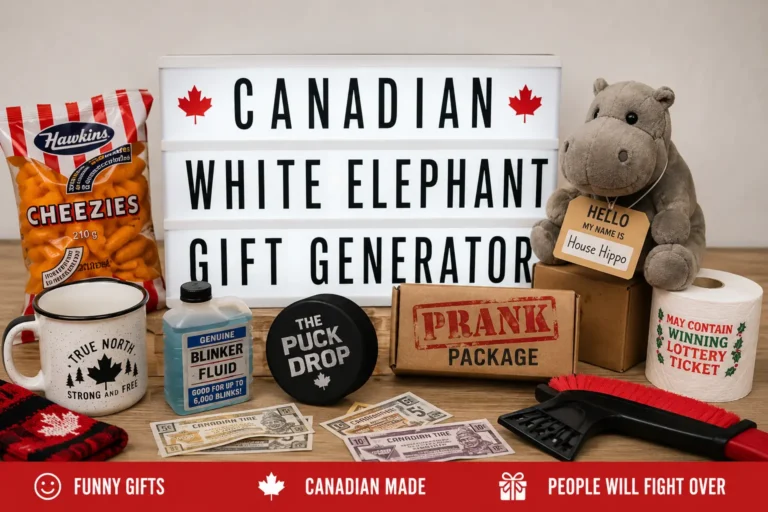 Canadian White Elephant Gift Generator featuring funny Canadian gifts, hockey gifts, prank gifts, House Hippo, Hawkins Cheezies, snow brush, and The Puck Drop gift ideas.