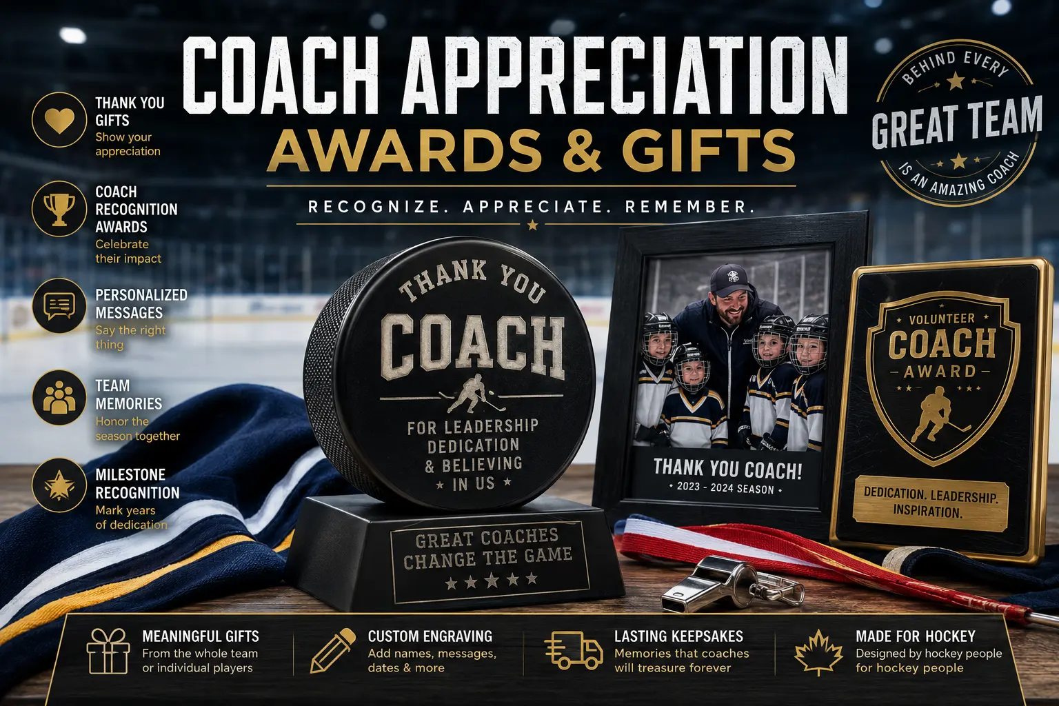 Coach appreciation hockey award puck and gift idea for hockey coaches.