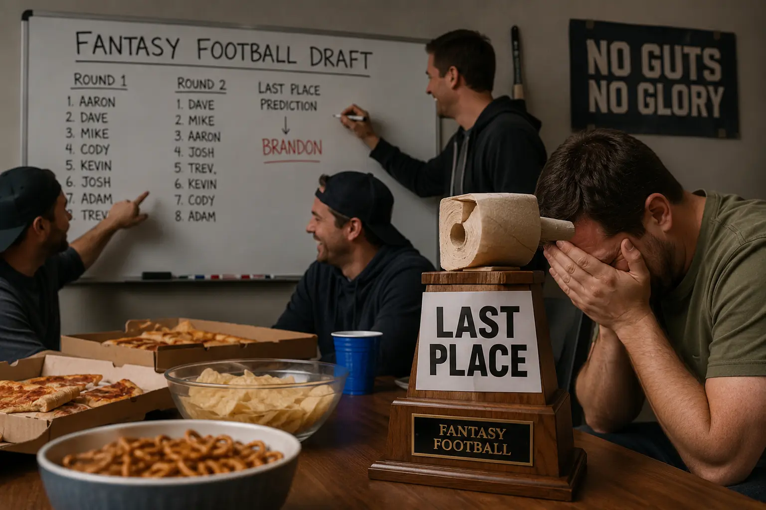 Fantasy football last place punishment setup with trophy, football, draft board, and snack table