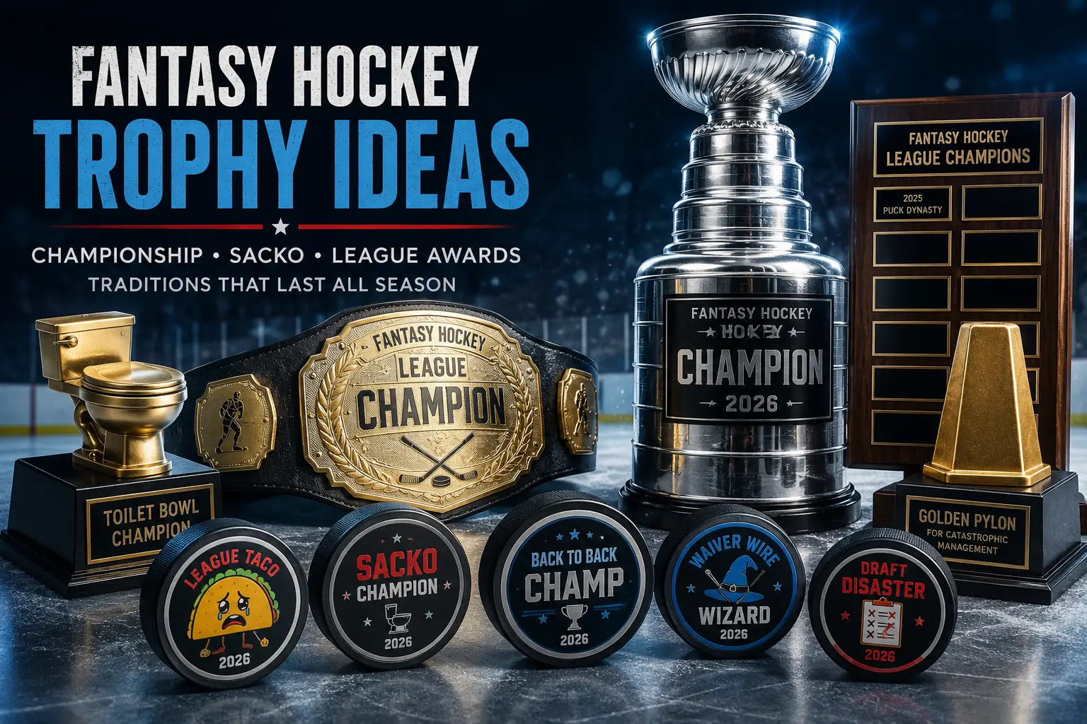 Fantasy hockey trophy ideas with traveling hockey trophies, championship awards, custom puck messages, and league traditions.